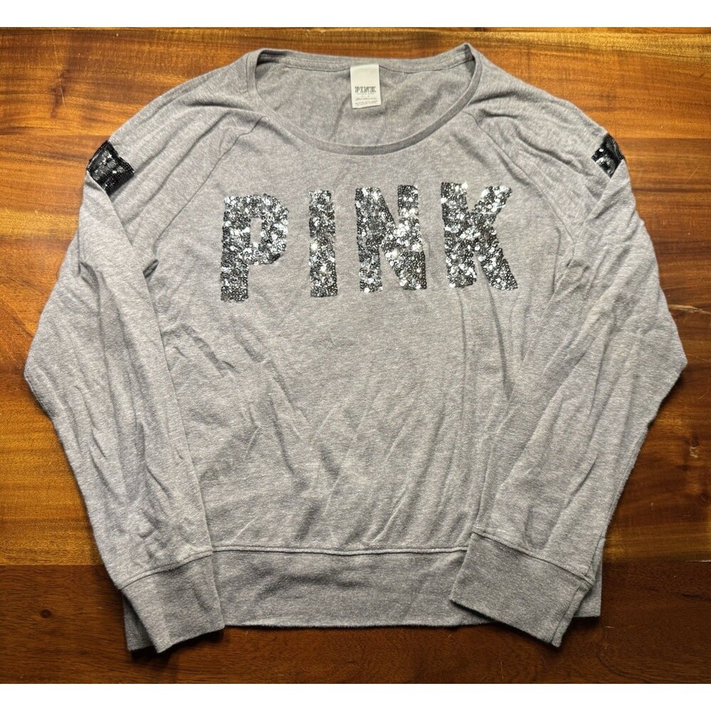 Victoria Secret PINK Gray Long Sleeve Crewneck Sweatshirt Bling Sequin Logo Sz L
